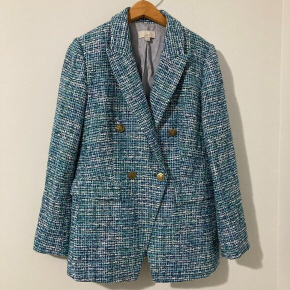 Ann Taylor Loft Womens Size 6 Blue Tweed-Style Blazer Fall Preppy Jacket Long - Picture 1 of 11